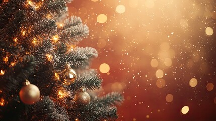 A festive Christmas scene with a shining tree covered in gold lights and stars, set against a warm red and gold bokeh background. 