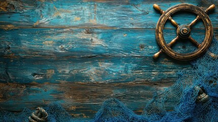 A wooden backdrop featuring a nautical ship wheel and blue fishing net, with ample copy space.