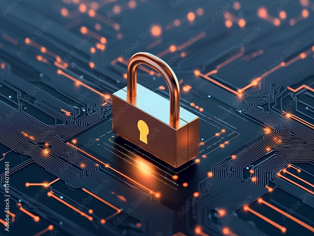 Poster a digital padlock sits on a circuit board, symbolizing cybersecurity and data protection in a modern