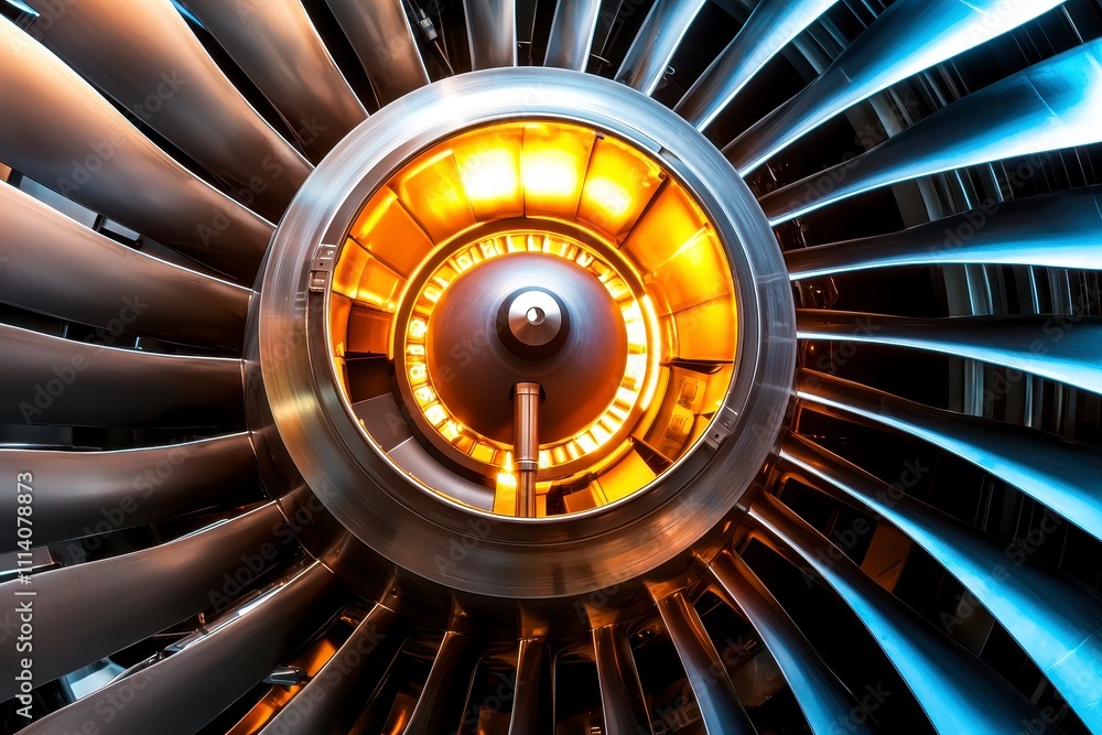 Poster close-up of a jet engine turbine showcasing intricate blades and illuminated components, emphasizing