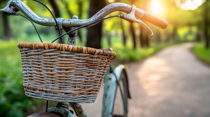 Close-up of vintage bicycle with handmade wicker basket in scenic park