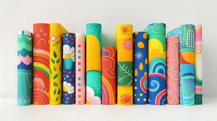 Colorful books with various patterns and designs on a shelf.