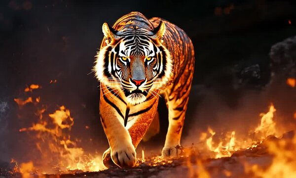 A fierce tiger emerges from flames, showcasing strength and power in a dramatic setting.