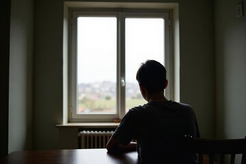 Single person gazing thoughtfully through a window, reflecting on solitude and introspection, capturing the essence of personal contemplation and inner peace.
