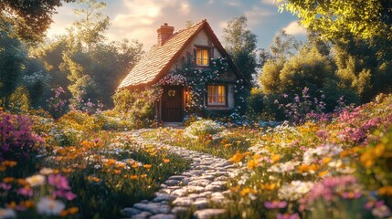 Countryside cottage surrounded by wildflowers, with a stone path leading to the door. Generative AI