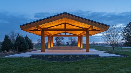 Illuminated Wooden Pavilion Evening Landscape Setting