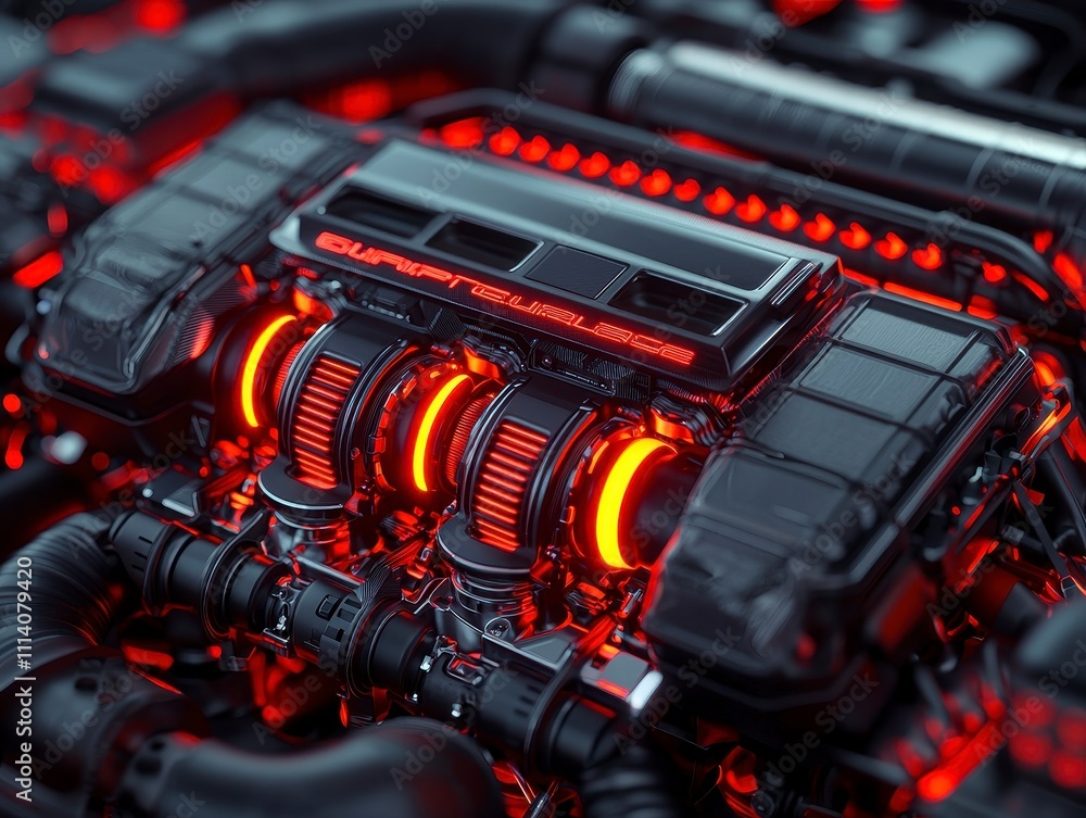 Poster a detailed view of a high-performance engine with glowing red accents, showcasing intricate mechanic