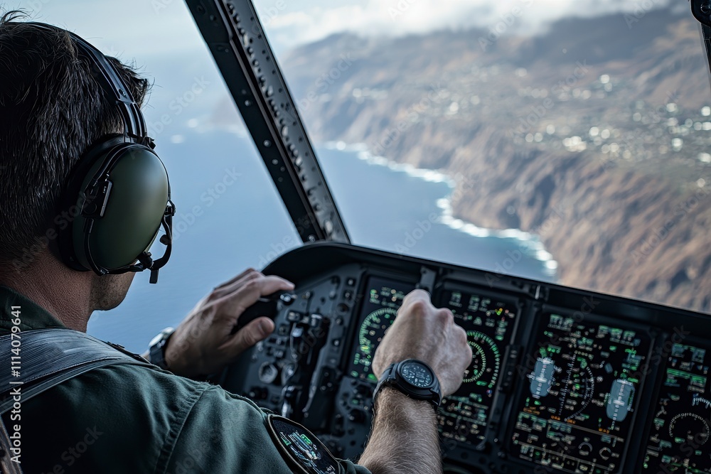 Poster a pilot navigates a helicopter over a coastal landscape, focusing on the control panel while capturi