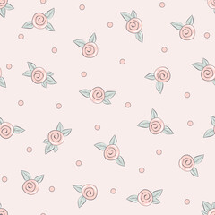 Vector illustration. Seamless pattern of delicate pink small roses on a pastel background, blooming flowers. Cottagecore pattern. Printing on textiles, packaging, fabric design, sublimation printing