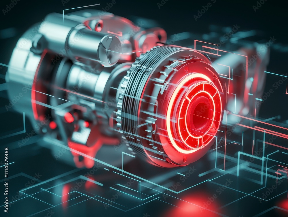 Poster a futuristic mechanical component with glowing red elements, surrounded by digital circuitry, repres