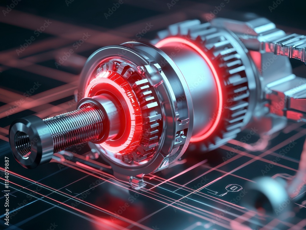 Poster a futuristic mechanical component with glowing red accents, set against a blueprint-style background