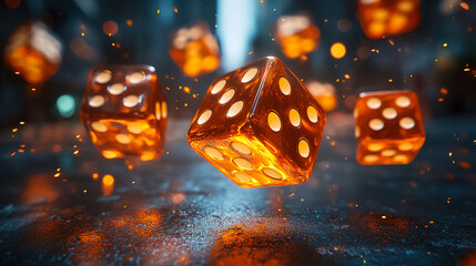 Floating orange dice surrounded by glowing particles in a dark urban environment. Generative AI