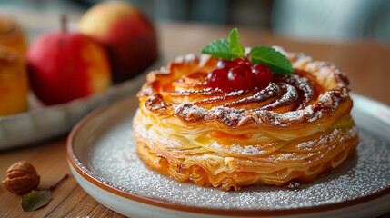 Guava pastry decorated with mint and berries on a plate with powdered sugar