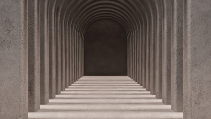 An abstract corridor or tunnel formed by arches, with concrete texture and a play of light and shadow. Monochrome image with atmospheric lighting. Ideal for product design or as a background.