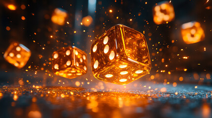 Floating orange dice creating a magical effect in a dark setting with radiant sparks all around. Generative AI