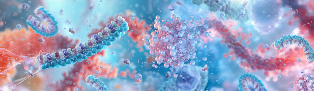 Amino acid molecules forming a protein. Essential compounds, DNA molecular nano structures. Genetic code, DNA, mRNA gene expression. Biotechnology, bio chemistry science, medicine, pharmaceuticals 3D