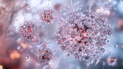 Nanotechnology, drug delivery biotechnology background. Nanoparticles, molecules, atoms 3D model. Medicine science, biochemistry research, pharmaceuticals, molecular nano structure, medical technology