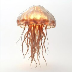A detailed 3D illustration of a jellyfish with flowing tentacles and a luminous, umbrella-shaped bell, isolated on a white background.