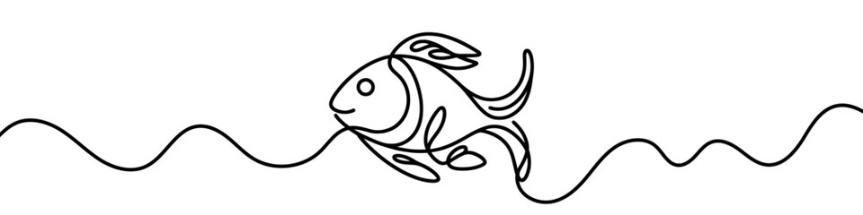 Minimalist vector illustration representing a fish swimming, drawn with a single unbroken line