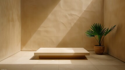 Fototapeta premium Natural living fosters eco harmony. Minimalist interior with a wooden surface and p...