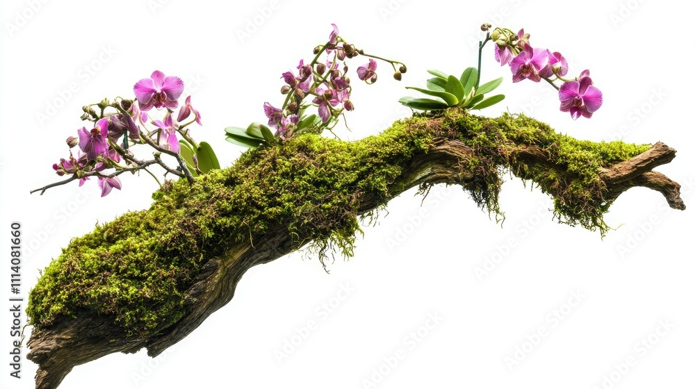 Poster a unique old tree branch adorned with moss and orchids, isolated on white for a natural yet elegant 