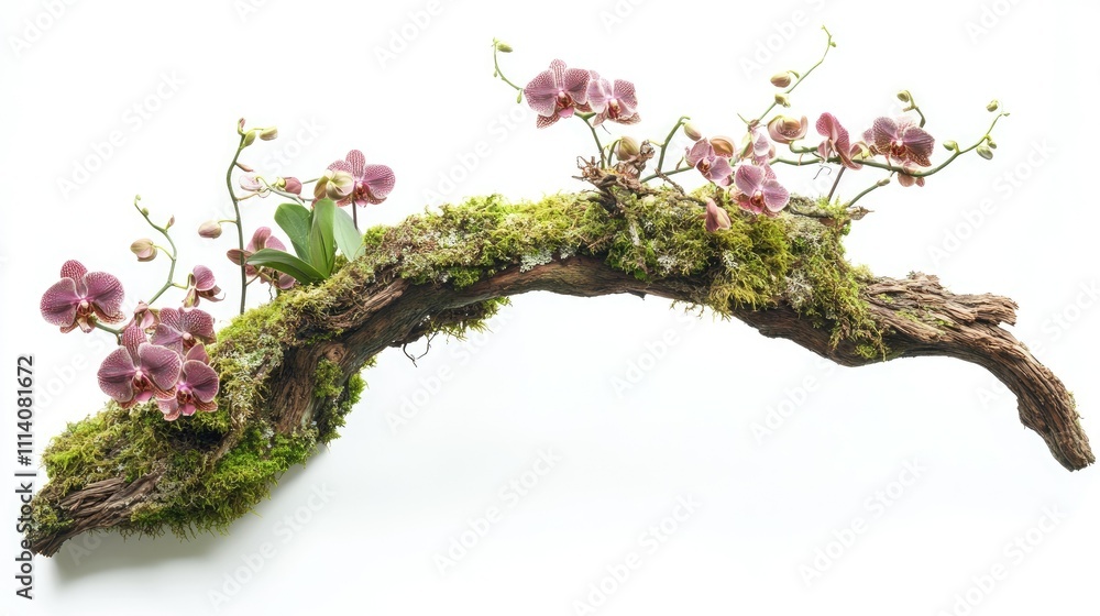 Poster a unique old tree branch adorned with moss and orchids, isolated on white for a natural yet elegant 