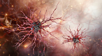 Dendritic cells branched structure, 3D scientific illustration. Antigen presenting cell. Immunology, cellular biology science, dendritic cells in the immune system, disease defense, pathogen detection