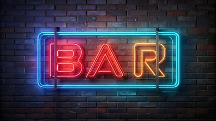 Obraz premium A shining neon metal sign - Bar , on a brick wall background, signboard gameplay, 