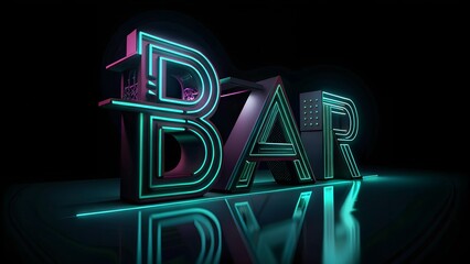 A shining neon metal sign - Bar , on a brick wall background, signboard gameplay,	
