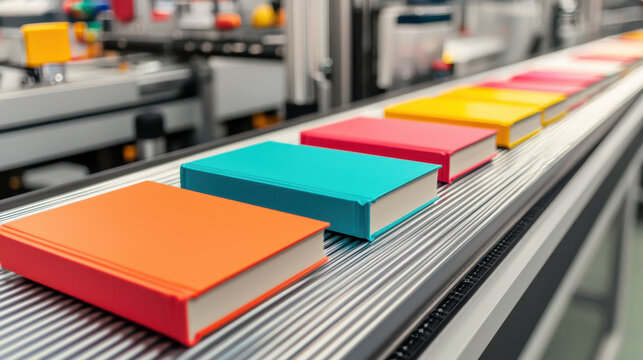 Book factory. Colorful books on a conveyor belt, showcasing a modern printing or binding process in a vibrant industrial setting.