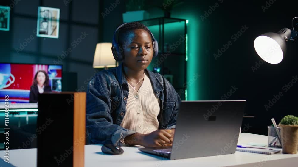 Poster teleworker enjoying music while researching data for company project, doing tasks in personal home o