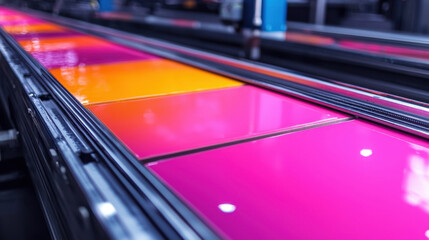 Book factory. A vibrant array of color swatches showcases shades of pink and orange on a printing machine, representing the art of color selection in printing.
