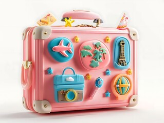 Pink suitcase decorated with travel icons plane, map, Eiffel Tower, camera, globe, palm tree, sailboat, stars.