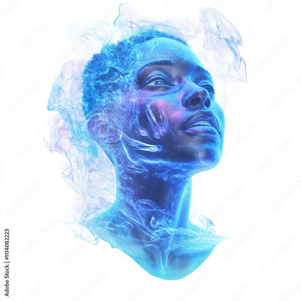 Poster futuristic floating avatar design isolated on white background, perfect for tech visuals.