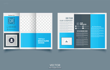 Blue trifold brochure with geometric abstract shapes. For presentation and printing.