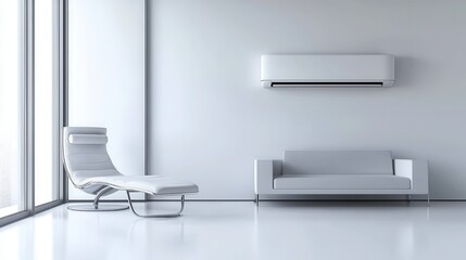 Sleek futuristic energy-saving air technology in modern living room minimalist design urban setting interior view innovative home environment