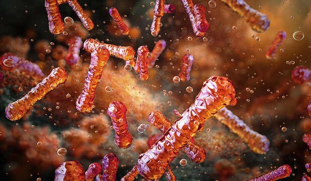Propionibacterium, a gram-positive anaerobic bacteria. Rod-shaped cutibacterium bacterial cells microscopic view. Skin and health conditions, skincare, microbiology, acne, dermatology 3d illustration