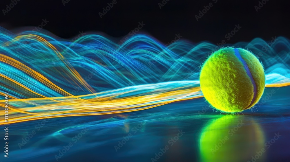 Poster a vivid light streak follows the movement of a tennis ball, creating a surreal effect with motion bl