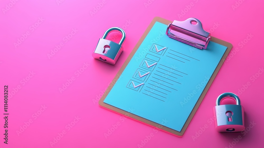 Poster this is a colorful 3d rendering of a clipboard checklist alongside a padlock. it symbolizes security