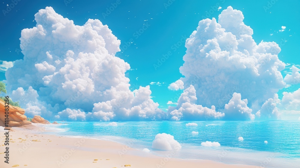 Poster a tranquil beach scene with clouds made of virtual wallets embodying the convenience and ease of sto