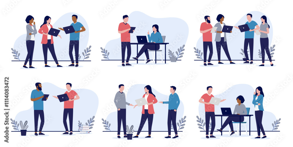 Poster people working on computers illustrations collection - businesspeople with laptop computers doing wo
