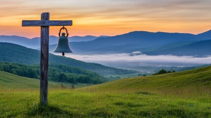 Classic bell made of soft, glowing clouds hanging from wooden post