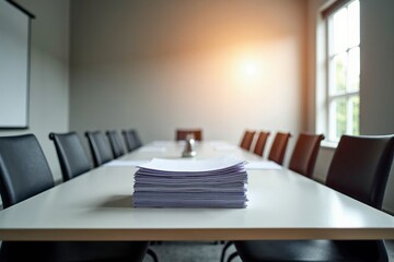 Empty meeting room with scattered budget papers and vacant chairs, symbolizing the aftermath of intense decision-making and strategic planning sessions.