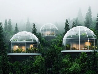 Obraz premium Innovative sustainable air domes for future living forested mountains architectural design eco-friendly environment aerial view futuristic concept
