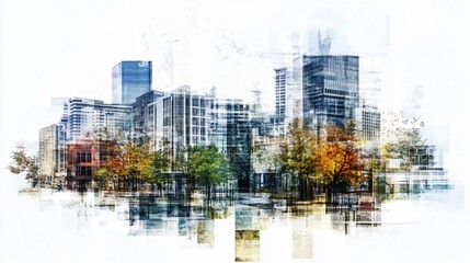 Obraz premium Abstract cityscape with modern buildings and autumn trees. Stunning architectural composition in a vibrant urban setting.