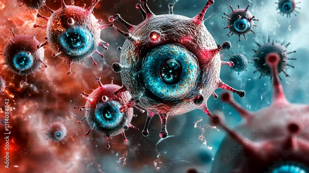 Poster microscopic view of vibrant virus particles under digital rendering showcasing cellular structures