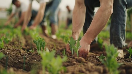 Natural living fosters eco harmony. Farmers planting crops in fertile soil