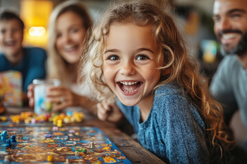 Fototapeta premium A joyful young girl smiling widely while playing a board game with her family, enjoying quality time and laughter.