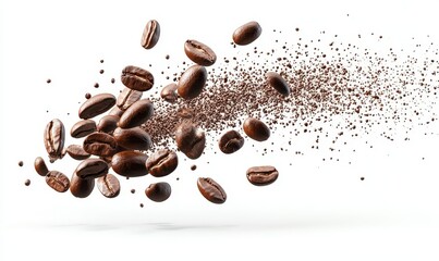 Obraz premium Coffee beans flying isolated on isolated png background. Generative AI.