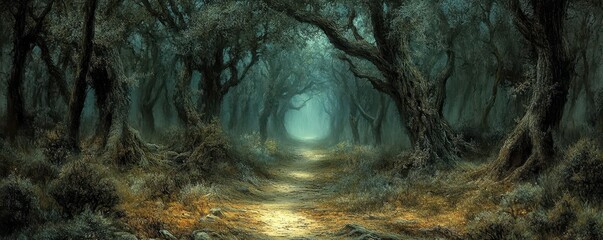 Fototapeta premium Dark and Creepy Forest Path Creating a Scary Atmosphere for Horror Themes